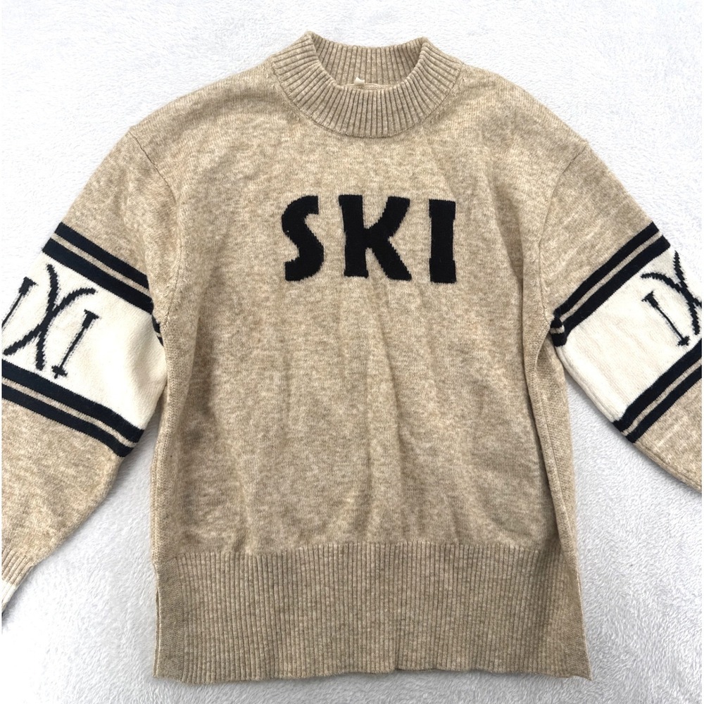 SKI Lodge Sweater Women L Lou & Grey Tan Graphic Intarsia Pullover Cottagecore
